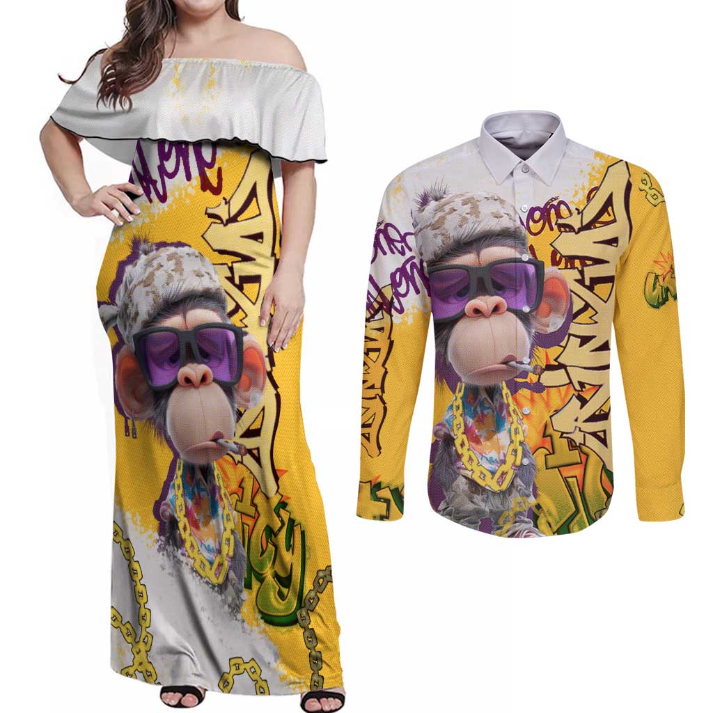 Graffiti Monkey Couples Matching Off Shoulder Maxi Dress and Long Sleeve Button Shirt with Hip Hop Sunglasses and Gold Chain Design - Wonder Print Shop