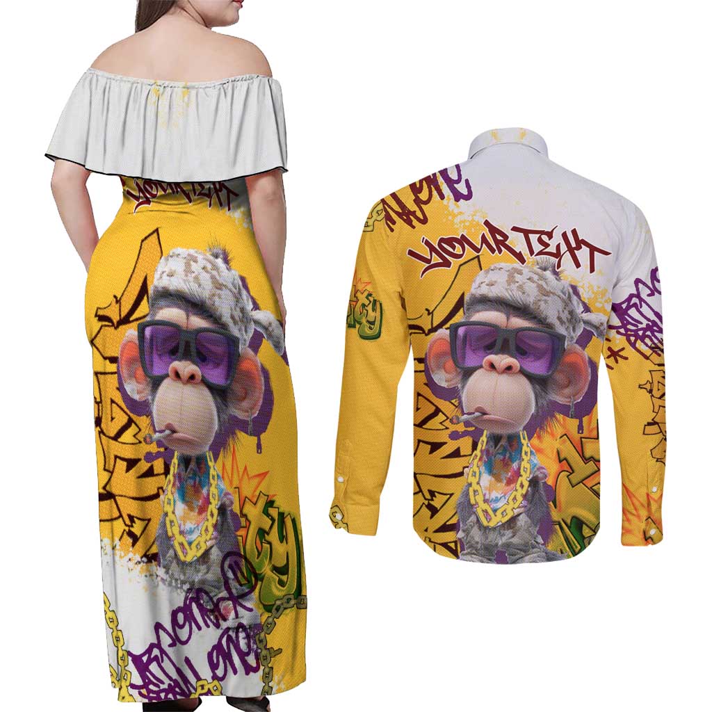 Graffiti Monkey Couples Matching Off Shoulder Maxi Dress and Long Sleeve Button Shirt with Hip Hop Sunglasses and Gold Chain Design - Wonder Print Shop
