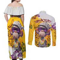 Graffiti Monkey Couples Matching Off Shoulder Maxi Dress and Long Sleeve Button Shirt with Hip Hop Sunglasses and Gold Chain Design - Wonder Print Shop