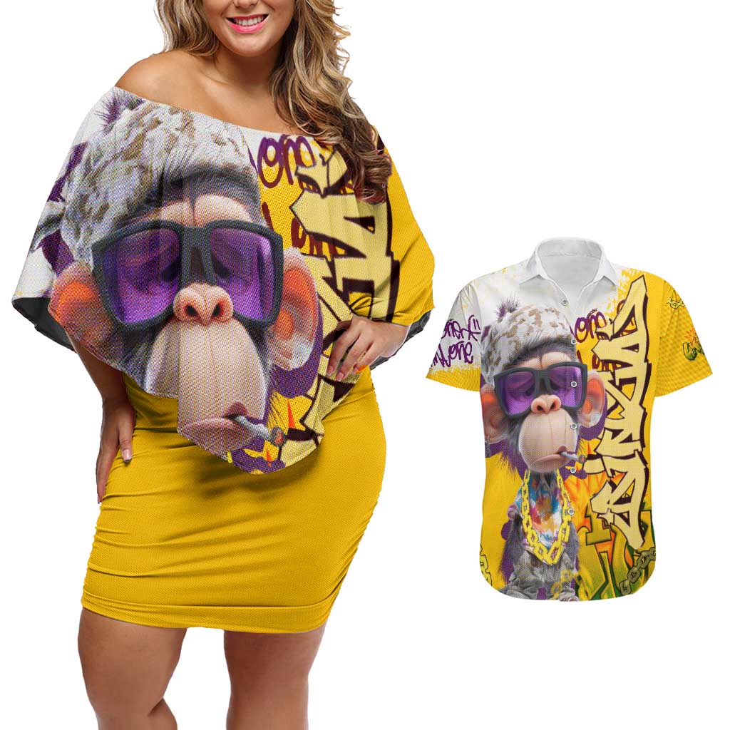 Graffiti Monkey Couples Matching Off Shoulder Short Dress and Hawaiian Shirt with Hip Hop Sunglasses and Gold Chain Design - Wonder Print Shop