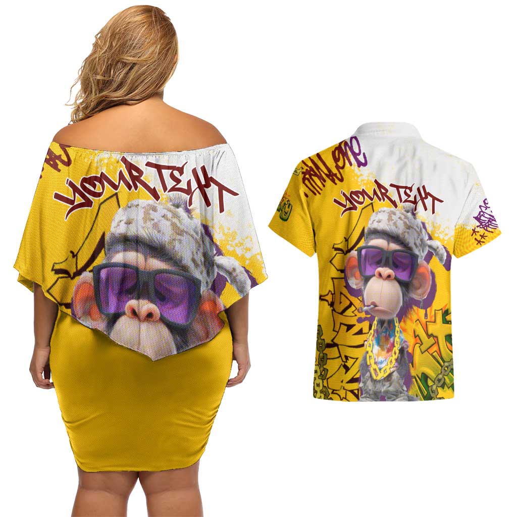 Graffiti Monkey Couples Matching Off Shoulder Short Dress and Hawaiian Shirt with Hip Hop Sunglasses and Gold Chain Design - Wonder Print Shop