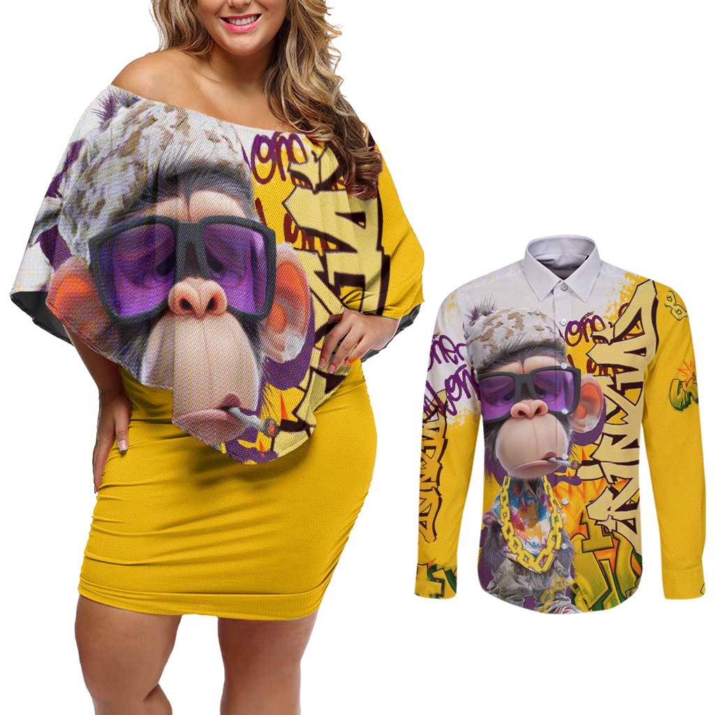 Graffiti Monkey Couples Matching Off Shoulder Short Dress and Long Sleeve Button Shirt with Hip Hop Sunglasses and Gold Chain Design - Wonder Print Shop