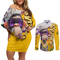 Graffiti Monkey Couples Matching Off Shoulder Short Dress and Long Sleeve Button Shirt with Hip Hop Sunglasses and Gold Chain Design - Wonder Print Shop