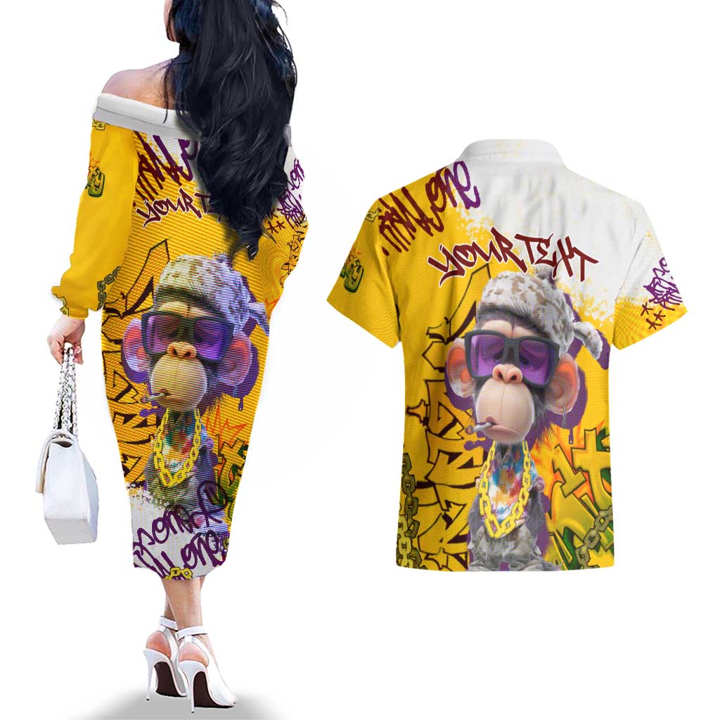 Graffiti Monkey Couples Matching Off The Shoulder Long Sleeve Dress and Hawaiian Shirt with Hip Hop Sunglasses and Gold Chain Design - Wonder Print Shop