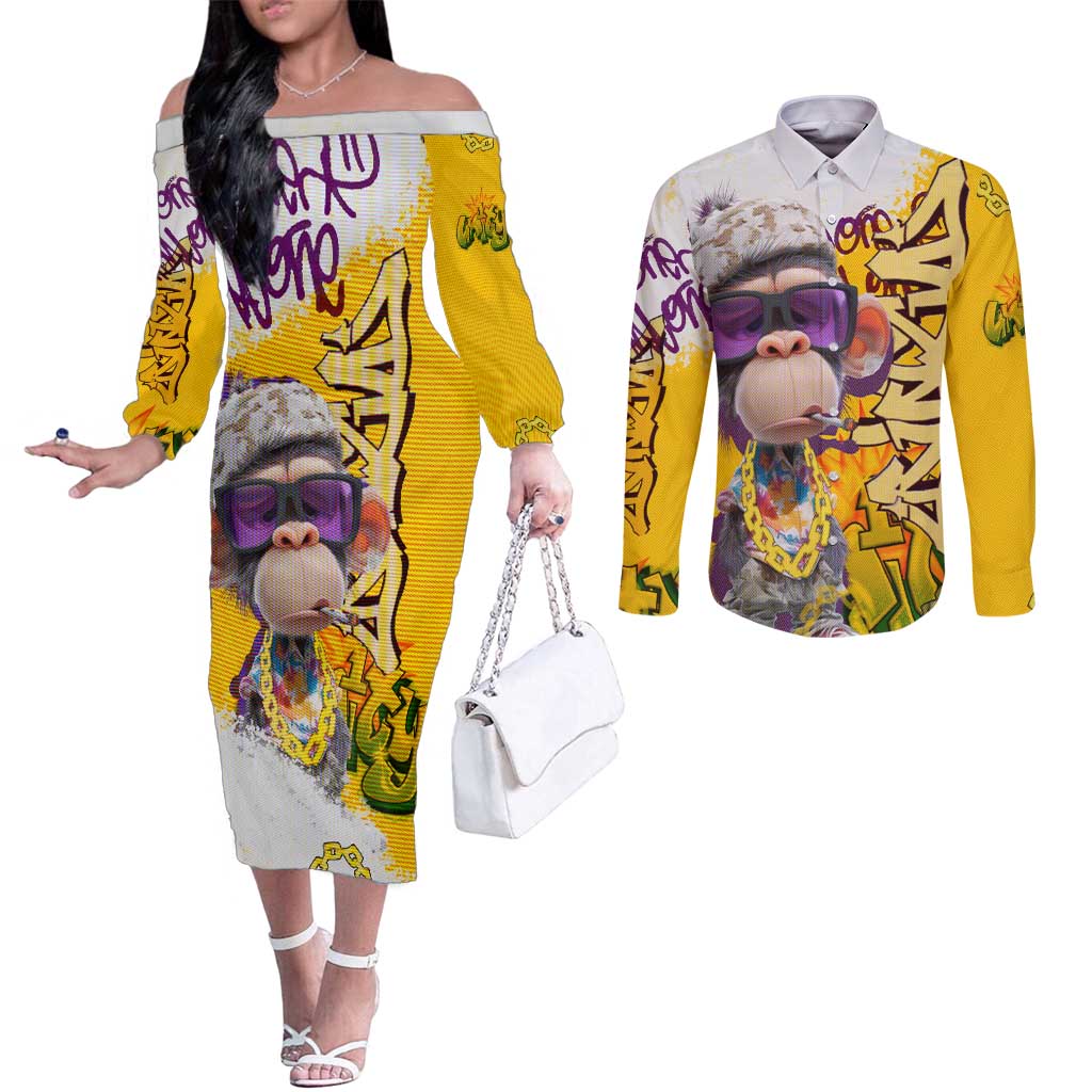 Graffiti Monkey Couples Matching Off The Shoulder Long Sleeve Dress and Long Sleeve Button Shirt with Hip Hop Sunglasses and Gold Chain Design - Wonder Print Shop