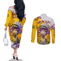 Graffiti Monkey Couples Matching Off The Shoulder Long Sleeve Dress and Long Sleeve Button Shirt with Hip Hop Sunglasses and Gold Chain Design - Wonder Print Shop