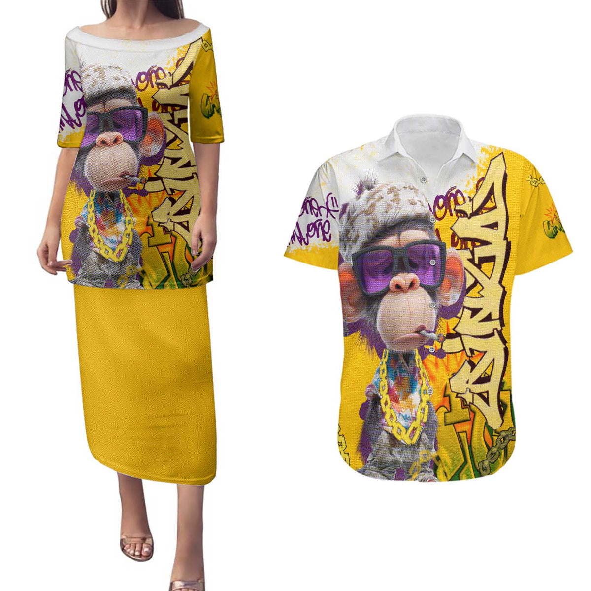 Graffiti Monkey Couples Matching Puletasi and Hawaiian Shirt with Hip Hop Sunglasses and Gold Chain Design - Wonder Print Shop