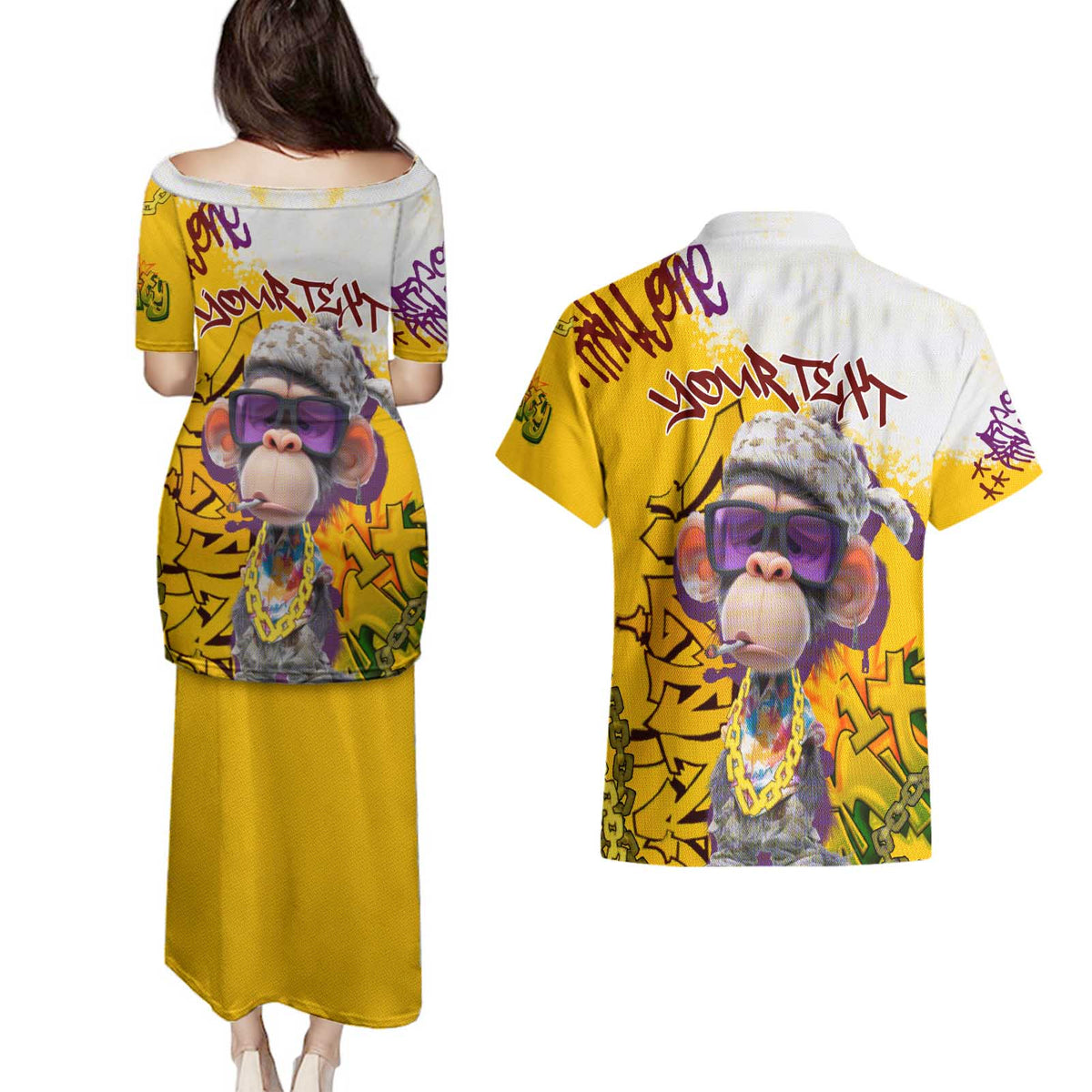 Graffiti Monkey Couples Matching Puletasi and Hawaiian Shirt with Hip Hop Sunglasses and Gold Chain Design - Wonder Print Shop