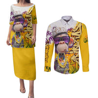 Graffiti Monkey Couples Matching Puletasi and Long Sleeve Button Shirt with Hip Hop Sunglasses and Gold Chain Design - Wonder Print Shop