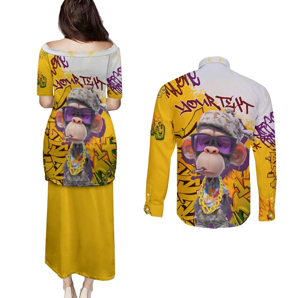 Graffiti Monkey Couples Matching Puletasi and Long Sleeve Button Shirt with Hip Hop Sunglasses and Gold Chain Design - Wonder Print Shop