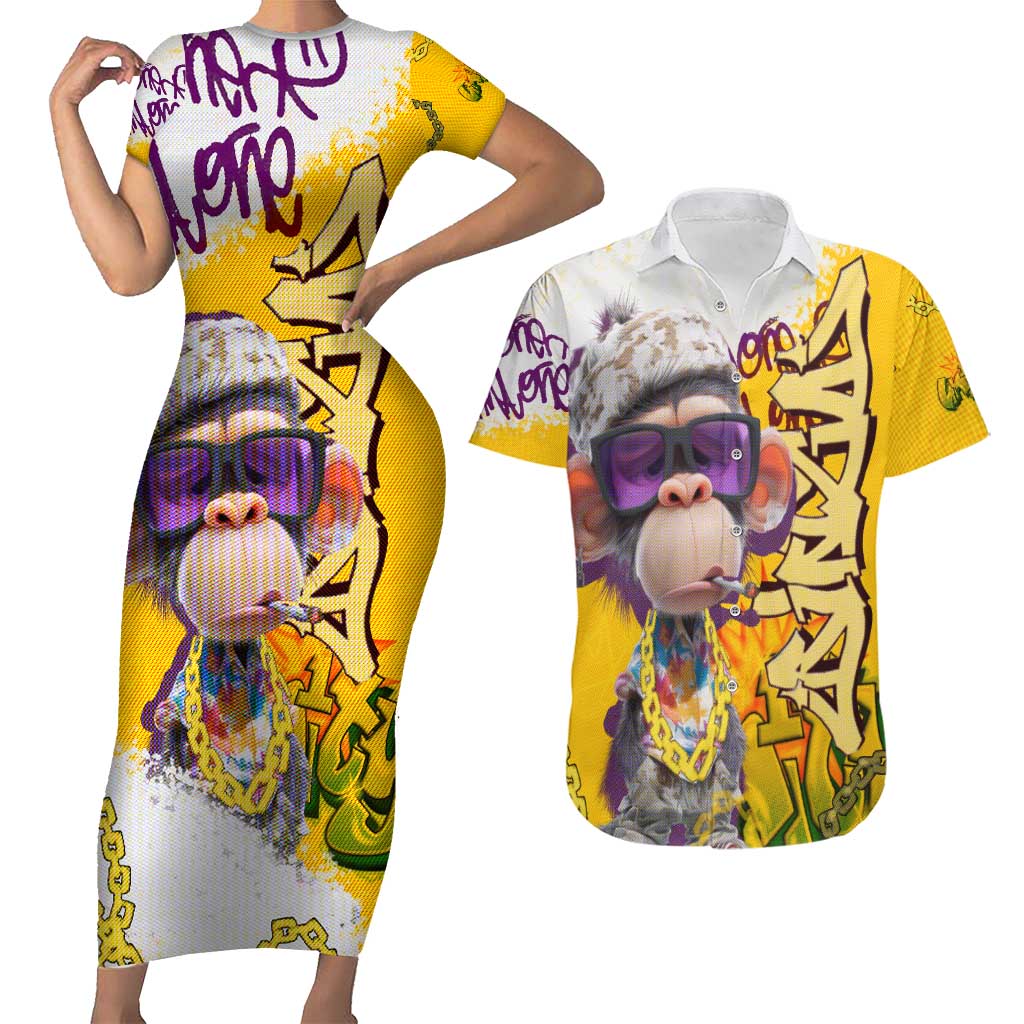 Graffiti Monkey Couples Matching Short Sleeve Bodycon Dress and Hawaiian Shirt with Hip Hop Sunglasses and Gold Chain Design - Wonder Print Shop