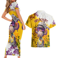 Graffiti Monkey Couples Matching Short Sleeve Bodycon Dress and Hawaiian Shirt with Hip Hop Sunglasses and Gold Chain Design - Wonder Print Shop