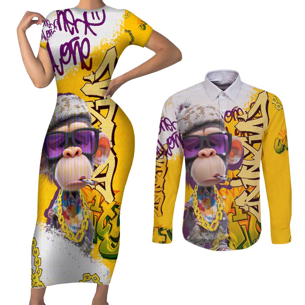 Graffiti Monkey Couples Matching Short Sleeve Bodycon Dress and Long Sleeve Button Shirt with Hip Hop Sunglasses and Gold Chain Design - Wonder Print Shop