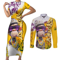 Graffiti Monkey Couples Matching Short Sleeve Bodycon Dress and Long Sleeve Button Shirt with Hip Hop Sunglasses and Gold Chain Design - Wonder Print Shop