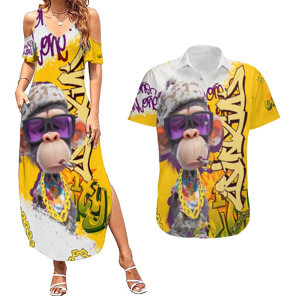 Graffiti Monkey Couples Matching Summer Maxi Dress and Hawaiian Shirt with Hip Hop Sunglasses and Gold Chain Design - Wonder Print Shop