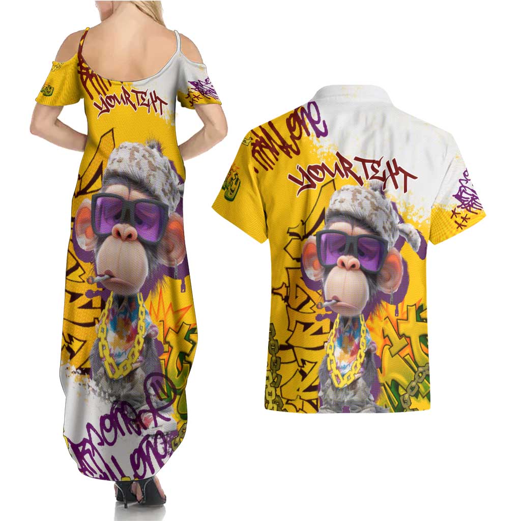 Graffiti Monkey Couples Matching Summer Maxi Dress and Hawaiian Shirt with Hip Hop Sunglasses and Gold Chain Design - Wonder Print Shop
