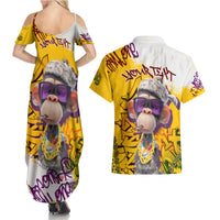 Graffiti Monkey Couples Matching Summer Maxi Dress and Hawaiian Shirt with Hip Hop Sunglasses and Gold Chain Design - Wonder Print Shop