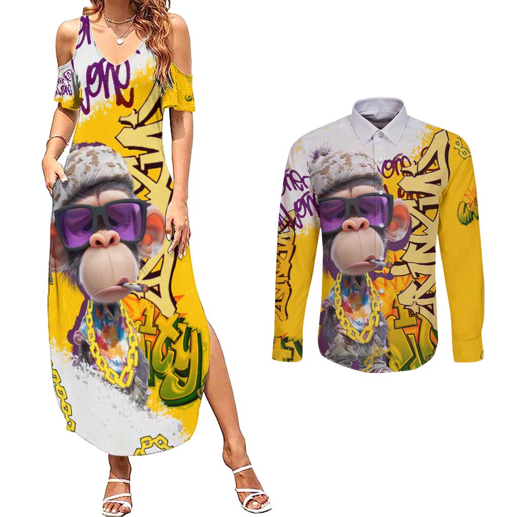 Graffiti Monkey Couples Matching Summer Maxi Dress and Long Sleeve Button Shirt with Hip Hop Sunglasses and Gold Chain Design - Wonder Print Shop