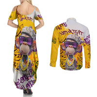 Graffiti Monkey Couples Matching Summer Maxi Dress and Long Sleeve Button Shirt with Hip Hop Sunglasses and Gold Chain Design - Wonder Print Shop