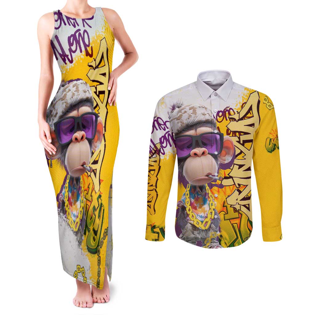 Graffiti Monkey Couples Matching Tank Maxi Dress and Long Sleeve Button Shirt with Hip Hop Sunglasses and Gold Chain Design - Wonder Print Shop