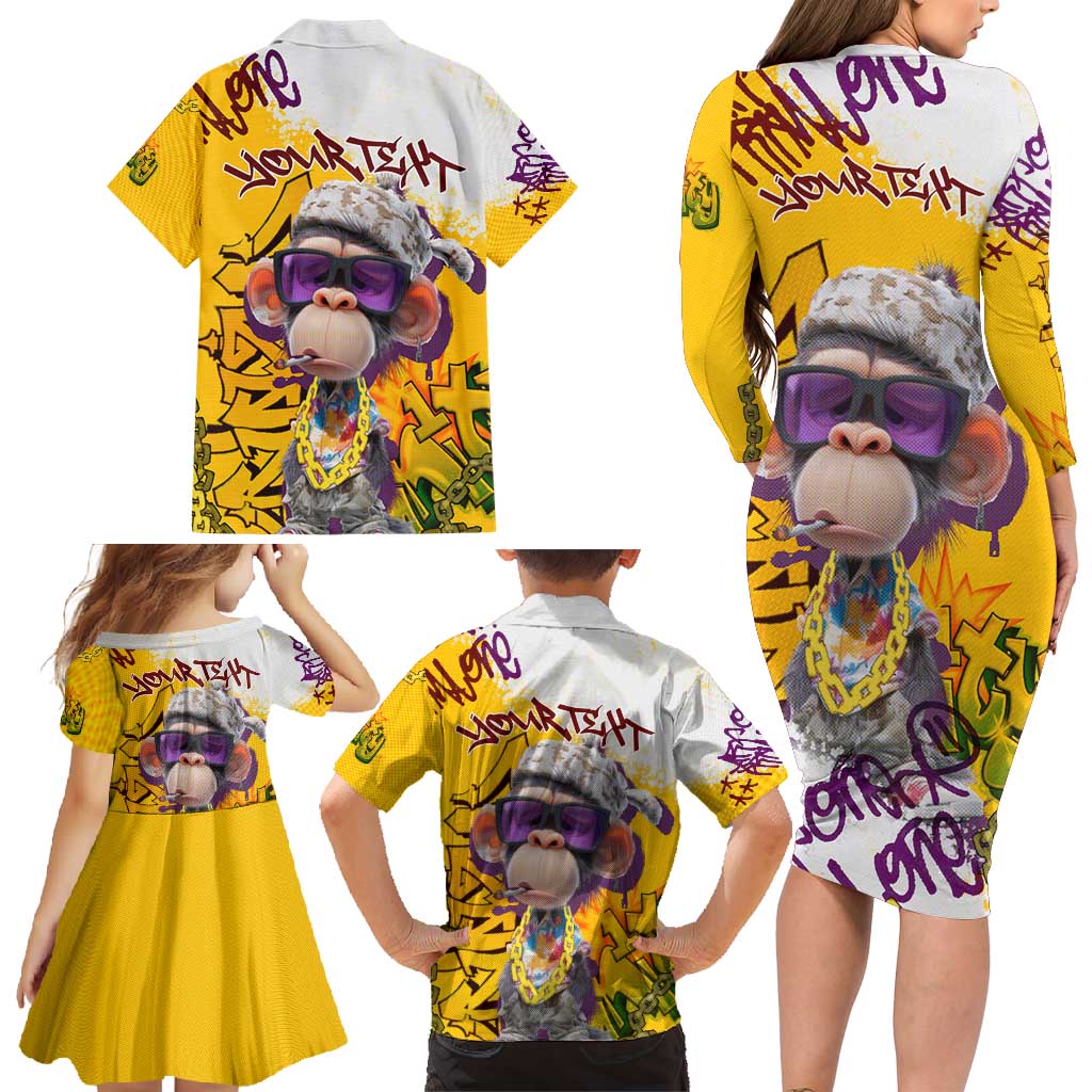 Graffiti Monkey Family Matching Long Sleeve Bodycon Dress and Hawaiian Shirt with Hip Hop Sunglasses and Gold Chain Design - Wonder Print Shop