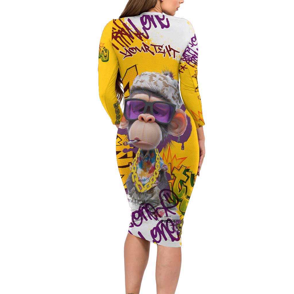 Graffiti Monkey Family Matching Long Sleeve Bodycon Dress and Hawaiian Shirt with Hip Hop Sunglasses and Gold Chain Design - Wonder Print Shop