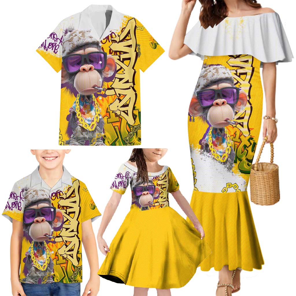 Graffiti Monkey Family Matching Mermaid Dress and Hawaiian Shirt with Hip Hop Sunglasses and Gold Chain Design - Wonder Print Shop