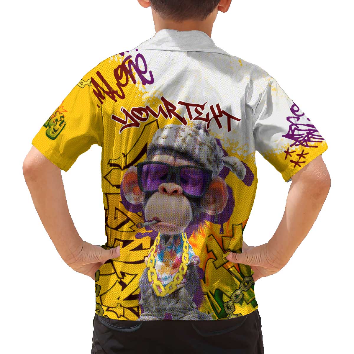 Graffiti Monkey Family Matching Off The Shoulder Long Sleeve Dress and Hawaiian Shirt with Hip Hop Sunglasses and Gold Chain Design - Wonder Print Shop
