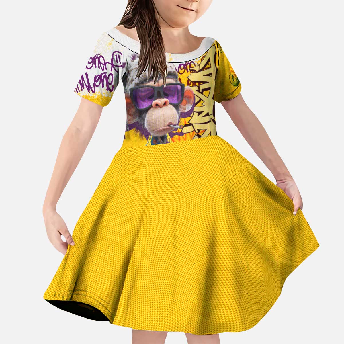 Graffiti Monkey Family Matching Off The Shoulder Long Sleeve Dress and Hawaiian Shirt with Hip Hop Sunglasses and Gold Chain Design - Wonder Print Shop