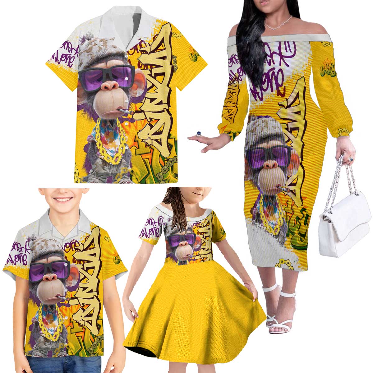 Graffiti Monkey Family Matching Off The Shoulder Long Sleeve Dress and Hawaiian Shirt with Hip Hop Sunglasses and Gold Chain Design - Wonder Print Shop