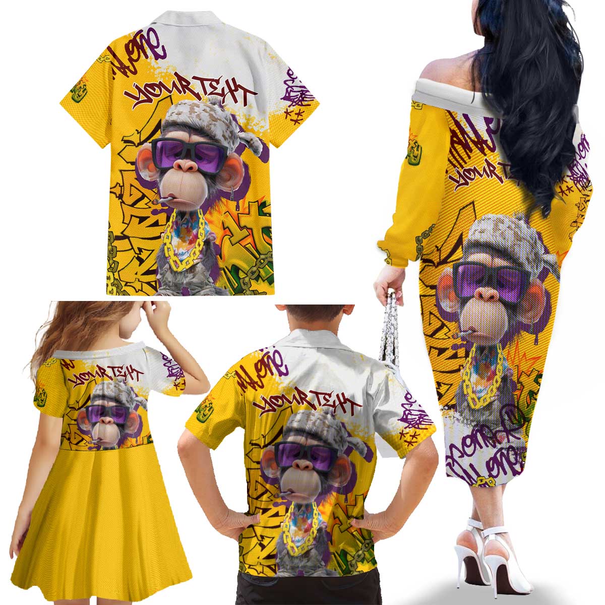 Graffiti Monkey Family Matching Off The Shoulder Long Sleeve Dress and Hawaiian Shirt with Hip Hop Sunglasses and Gold Chain Design - Wonder Print Shop