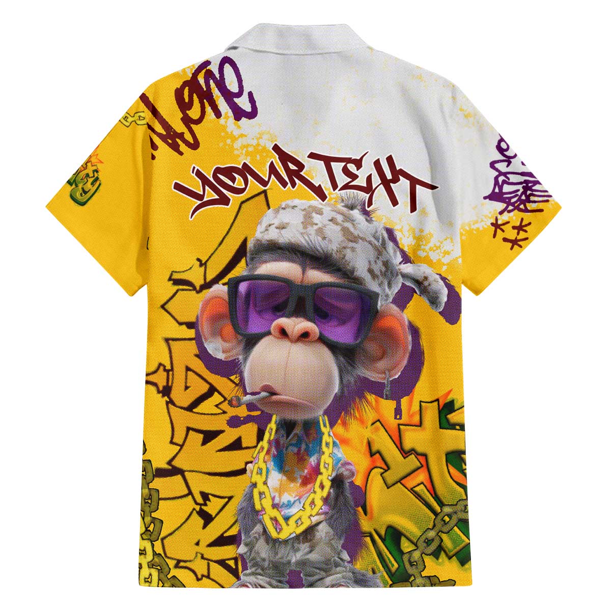 Graffiti Monkey Family Matching Off The Shoulder Long Sleeve Dress and Hawaiian Shirt with Hip Hop Sunglasses and Gold Chain Design - Wonder Print Shop