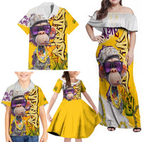Graffiti Monkey Family Matching Off Shoulder Maxi Dress and Hawaiian Shirt with Hip Hop Sunglasses and Gold Chain Design - Wonder Print Shop
