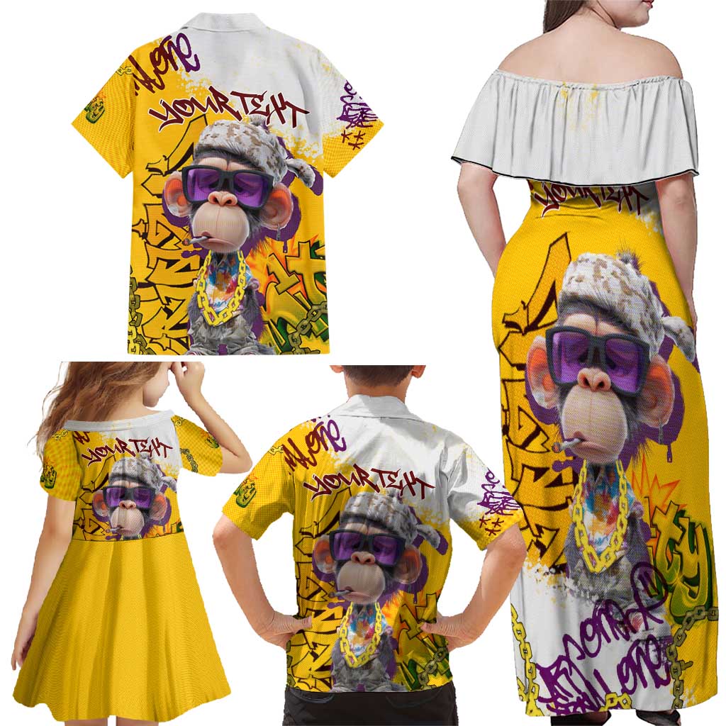 Graffiti Monkey Family Matching Off Shoulder Maxi Dress and Hawaiian Shirt with Hip Hop Sunglasses and Gold Chain Design - Wonder Print Shop