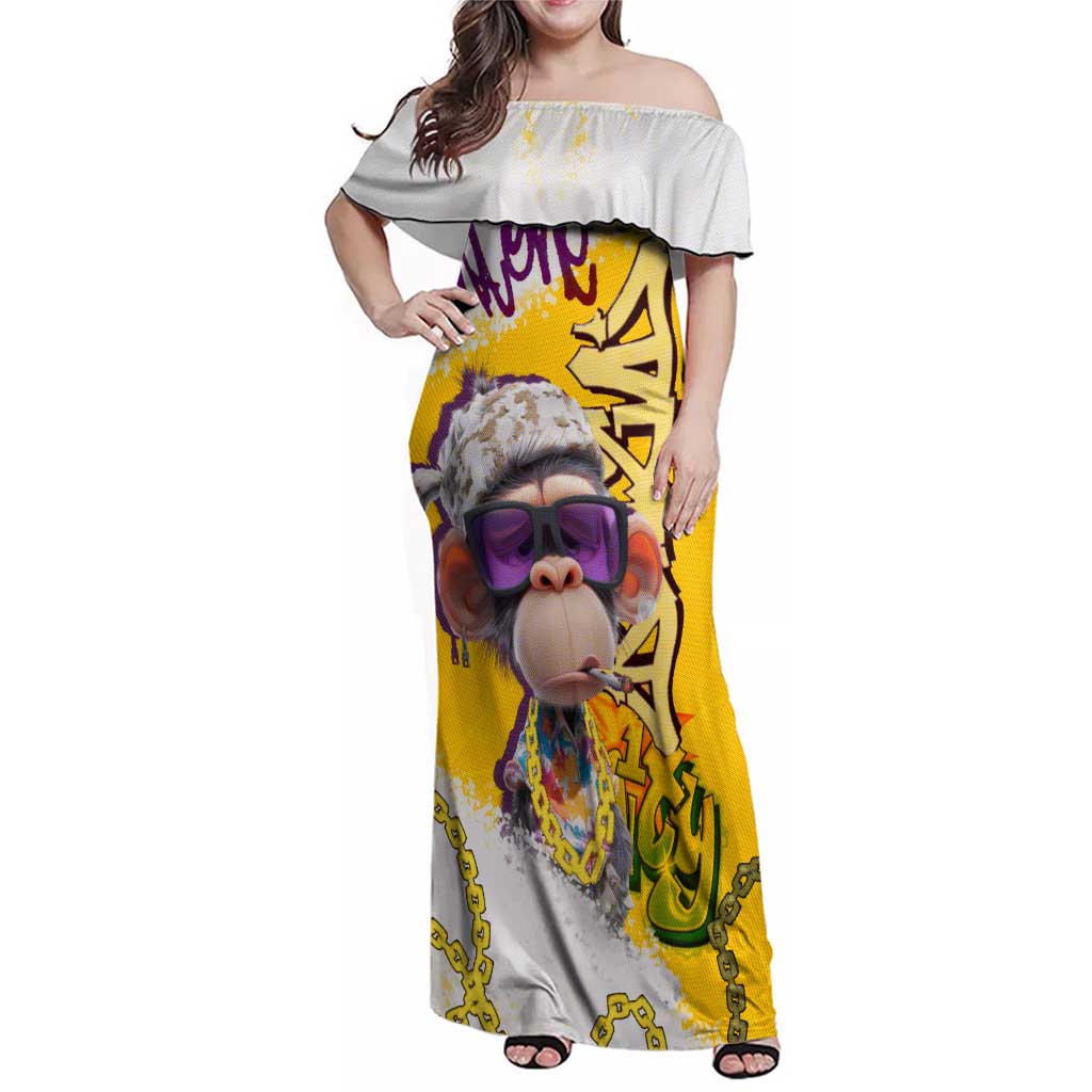 Graffiti Monkey Family Matching Off Shoulder Maxi Dress and Hawaiian Shirt with Hip Hop Sunglasses and Gold Chain Design - Wonder Print Shop