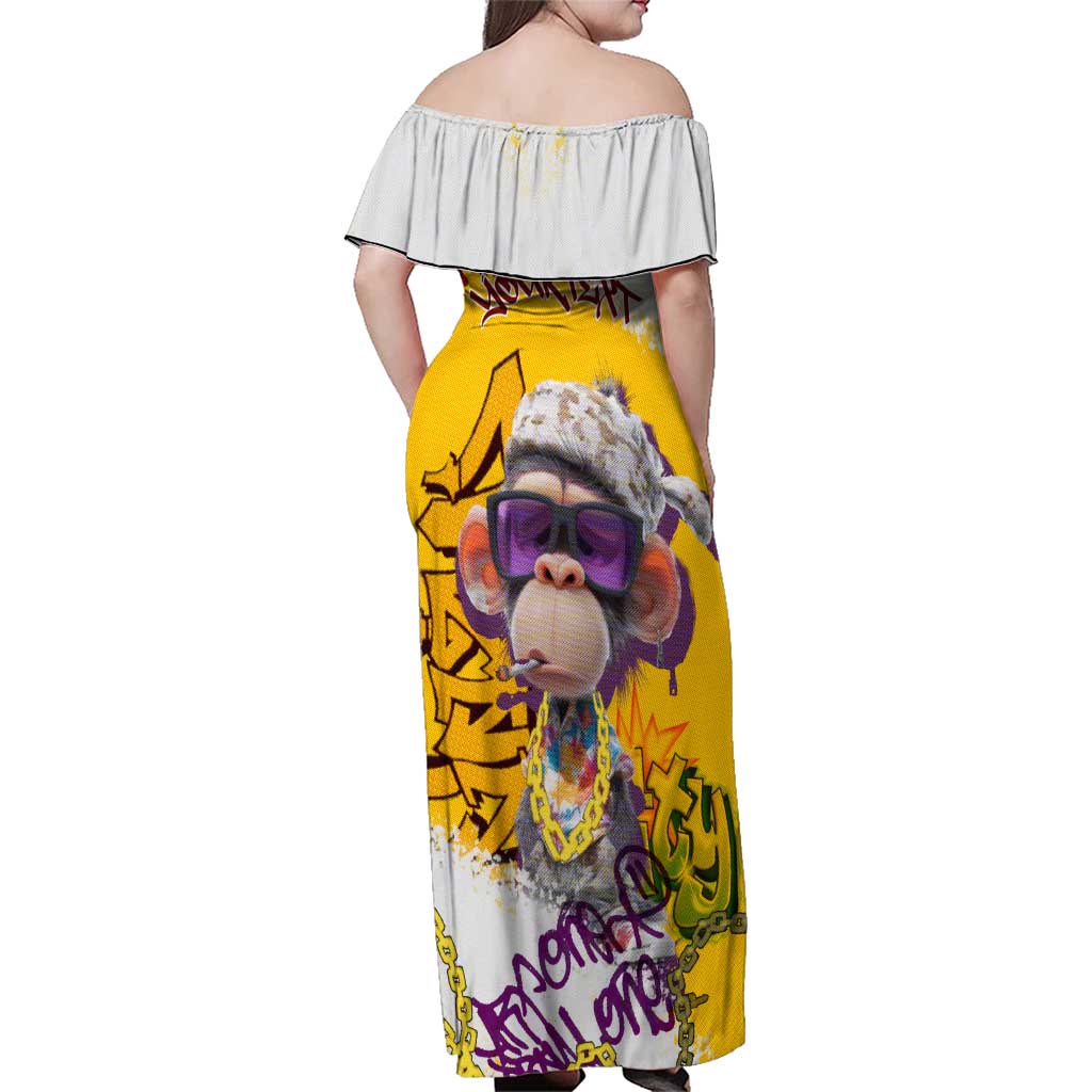 Graffiti Monkey Family Matching Off Shoulder Maxi Dress and Hawaiian Shirt with Hip Hop Sunglasses and Gold Chain Design - Wonder Print Shop
