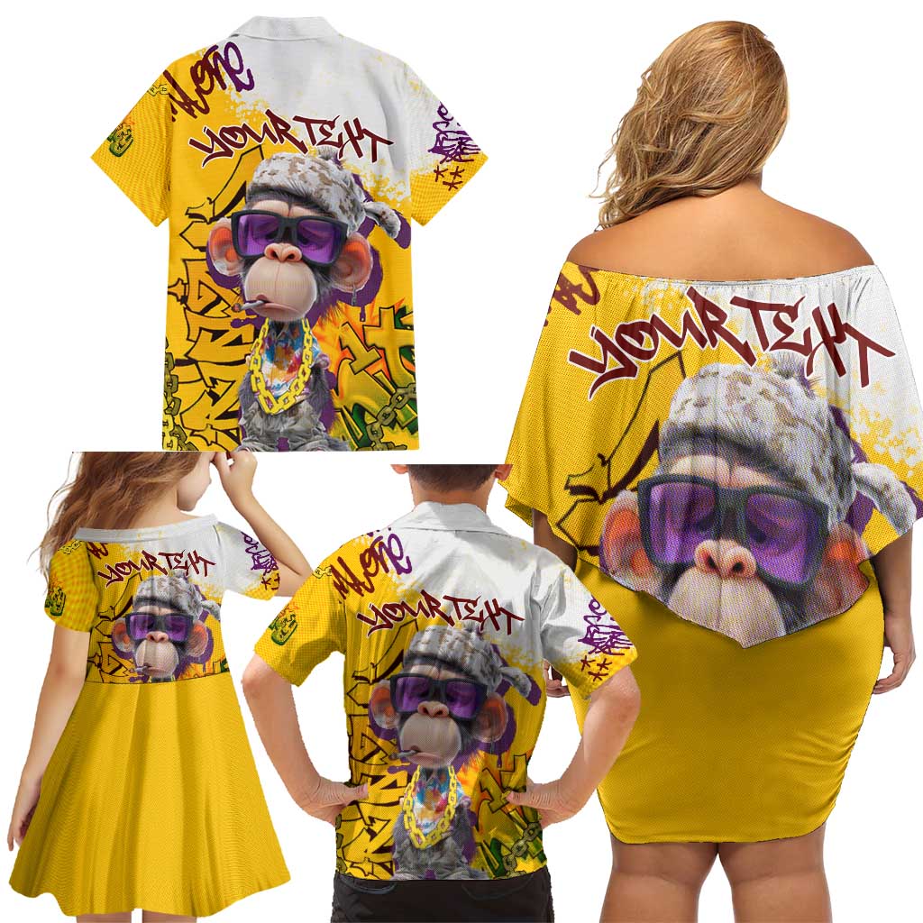 Graffiti Monkey Family Matching Off Shoulder Short Dress and Hawaiian Shirt with Hip Hop Sunglasses and Gold Chain Design - Wonder Print Shop