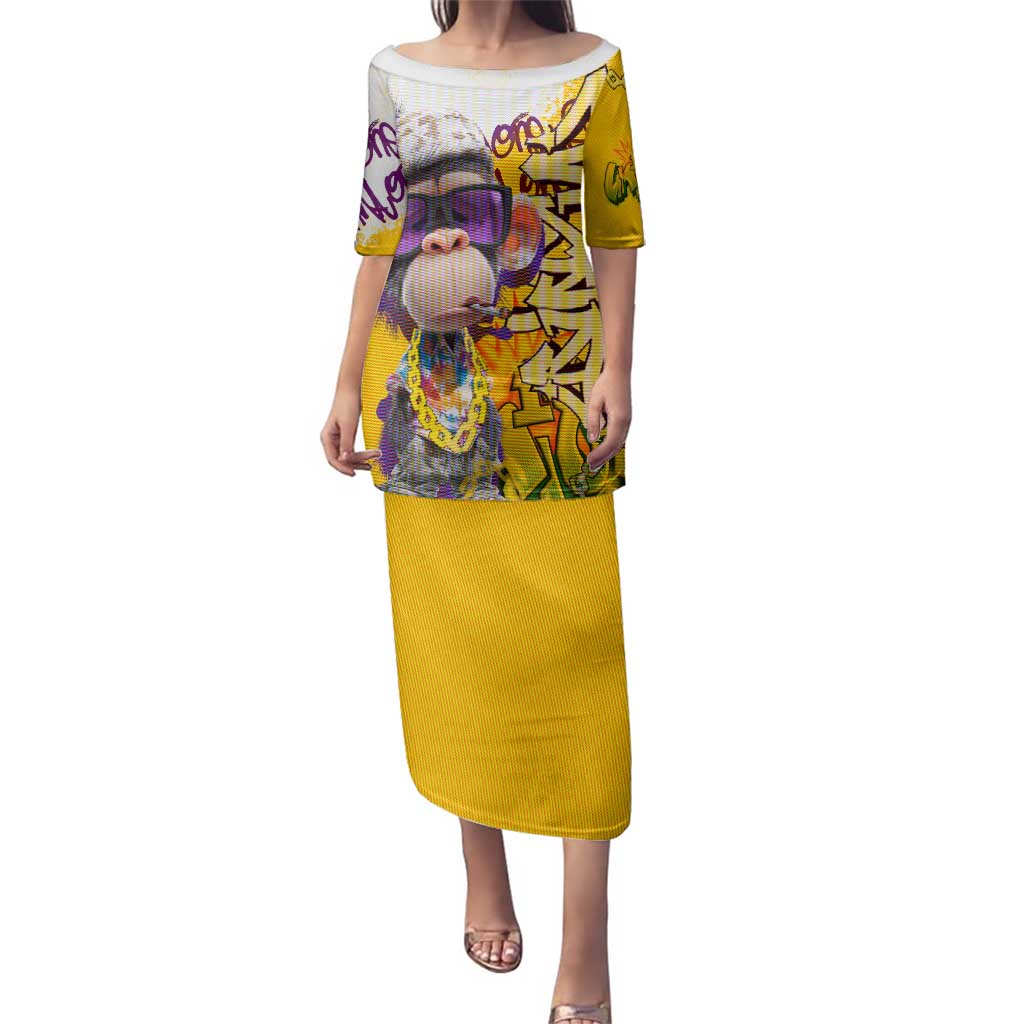 Graffiti Monkey Family Matching Puletasi and Hawaiian Shirt with Hip Hop Sunglasses and Gold Chain Design - Wonder Print Shop