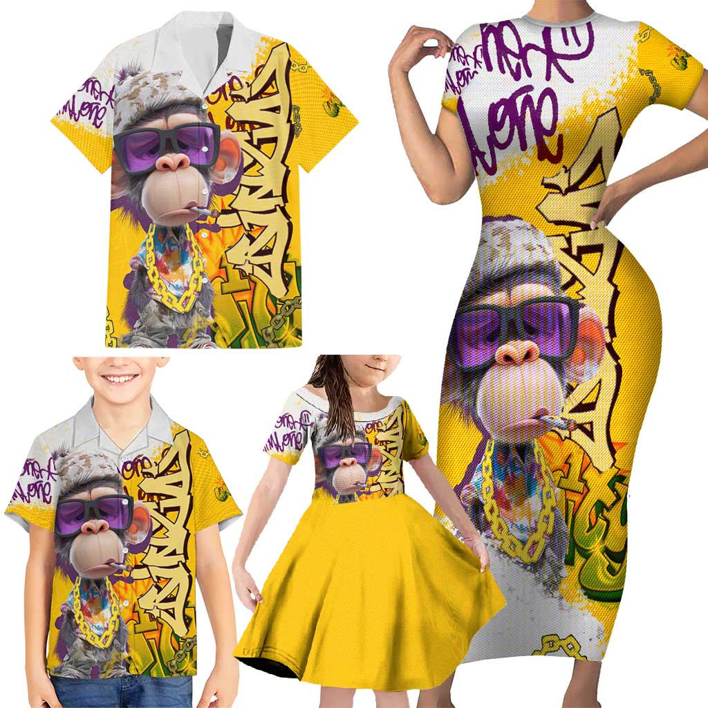 Graffiti Monkey Family Matching Short Sleeve Bodycon Dress and Hawaiian Shirt with Hip Hop Sunglasses and Gold Chain Design - Wonder Print Shop