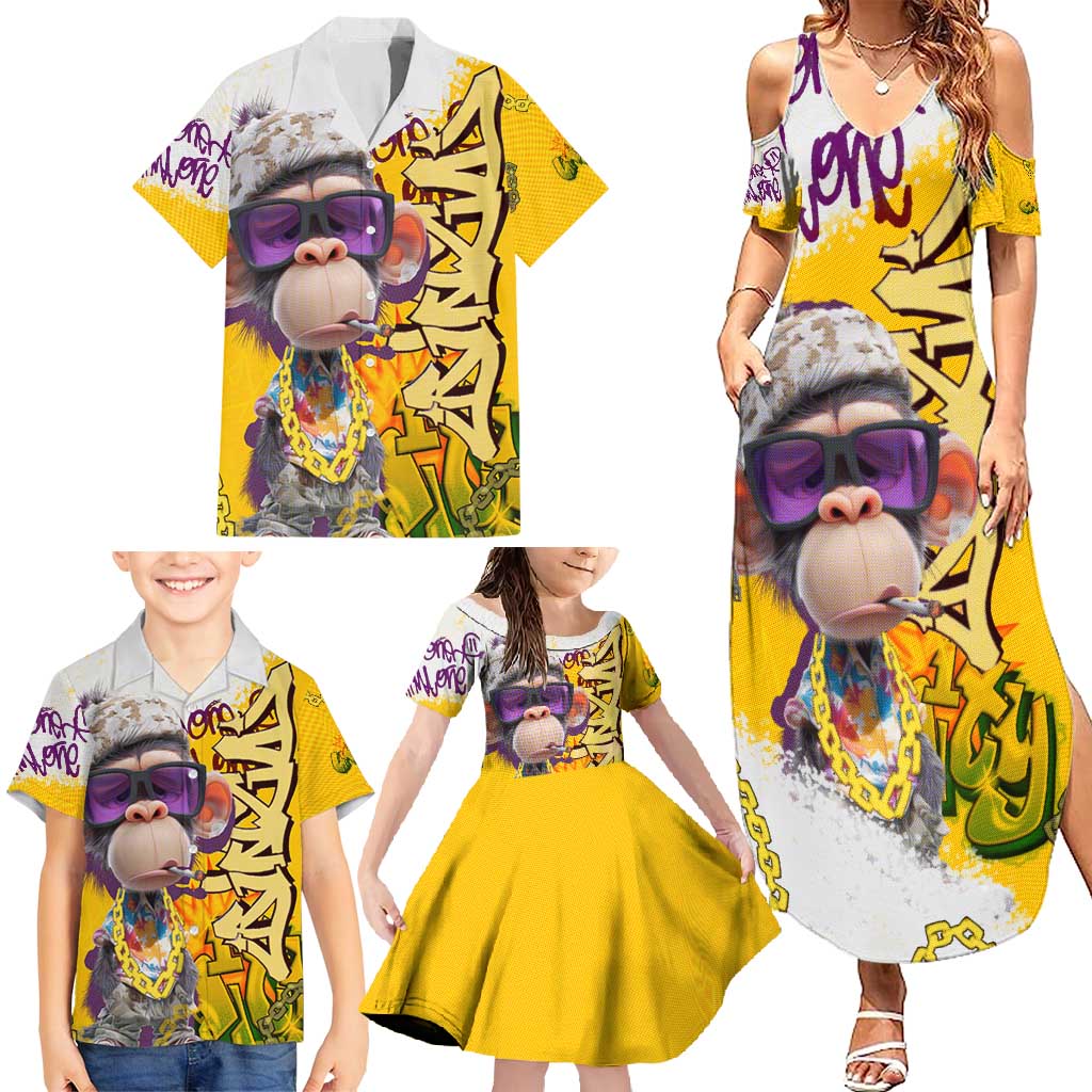 Graffiti Monkey Family Matching Summer Maxi Dress and Hawaiian Shirt with Hip Hop Sunglasses and Gold Chain Design - Wonder Print Shop