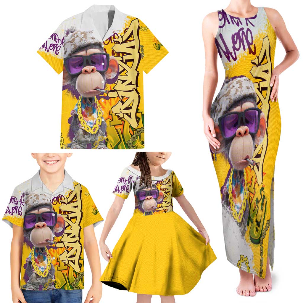 Graffiti Monkey Family Matching Tank Maxi Dress and Hawaiian Shirt with Hip Hop Sunglasses and Gold Chain Design - Wonder Print Shop