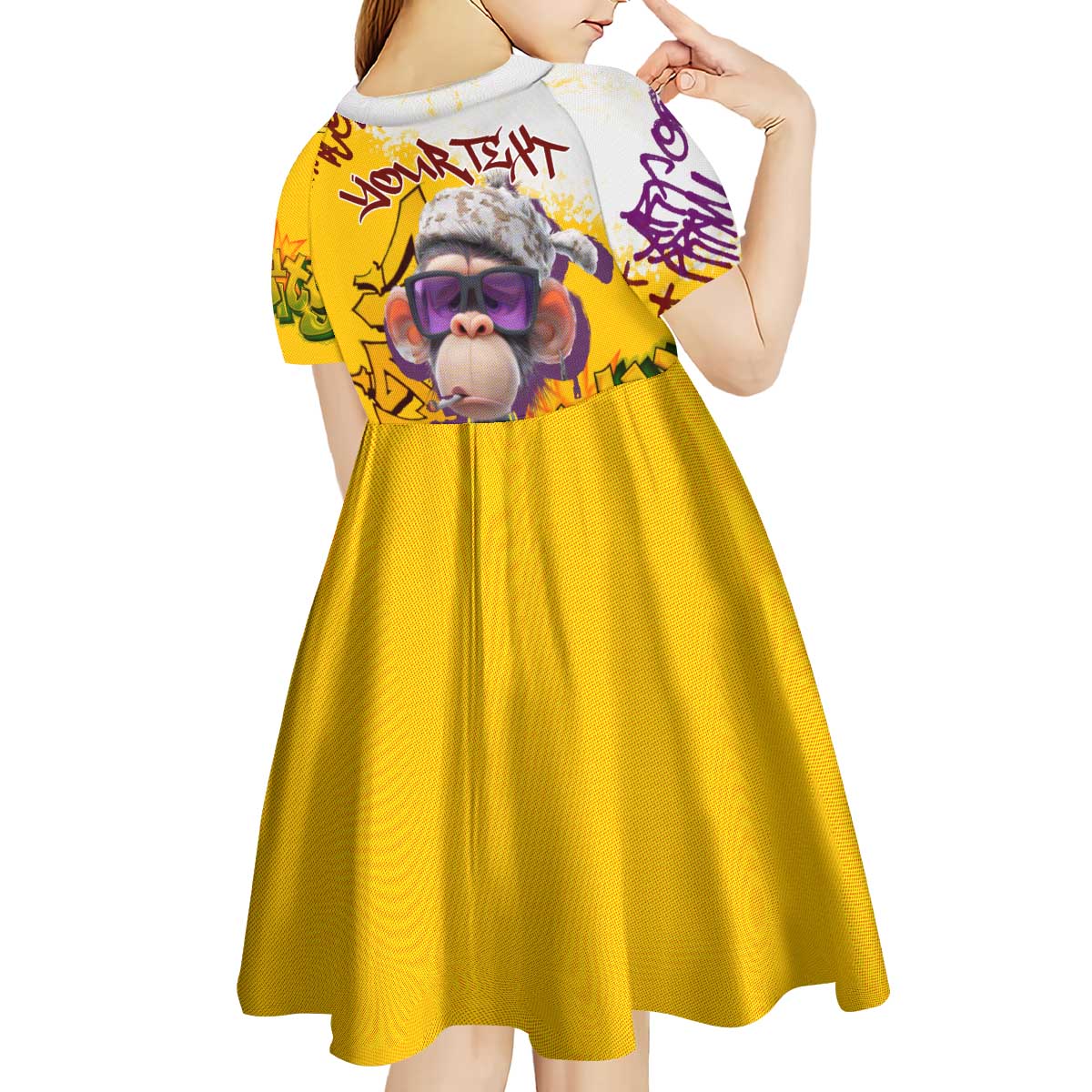 Graffiti Monkey Kid Short Sleeve Dress with Hip Hop Sunglasses and Gold Chain Design - Wonder Print Shop
