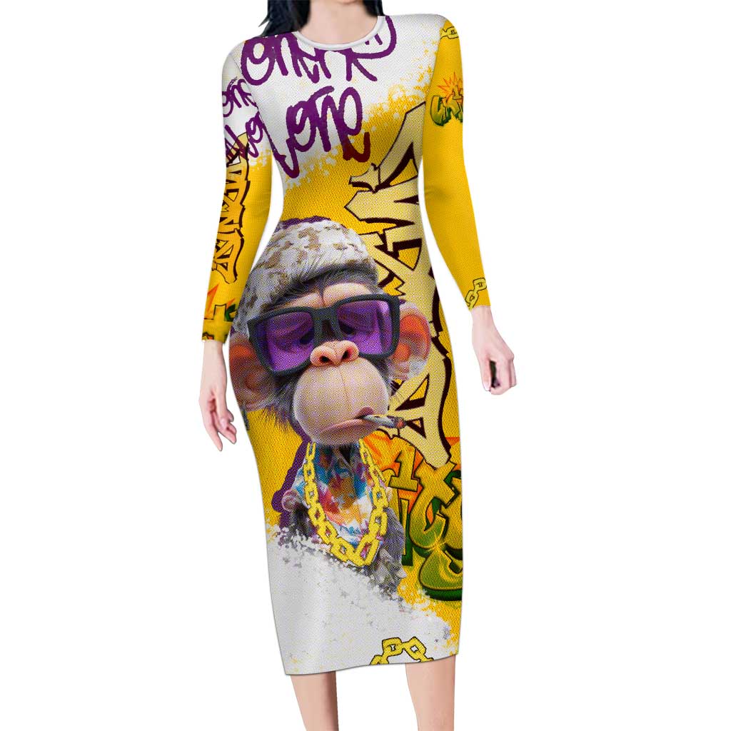 Graffiti Monkey Long Sleeve Bodycon Dress with Hip Hop Sunglasses and Gold Chain Design - Wonder Print Shop