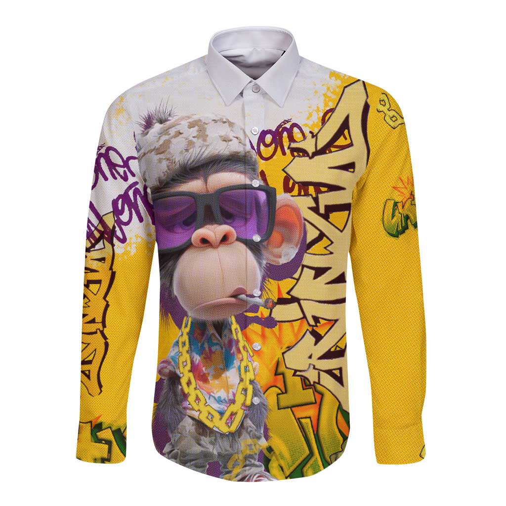 Graffiti Monkey Long Sleeve Button Shirt with Hip Hop Sunglasses and Gold Chain Design - Wonder Print Shop