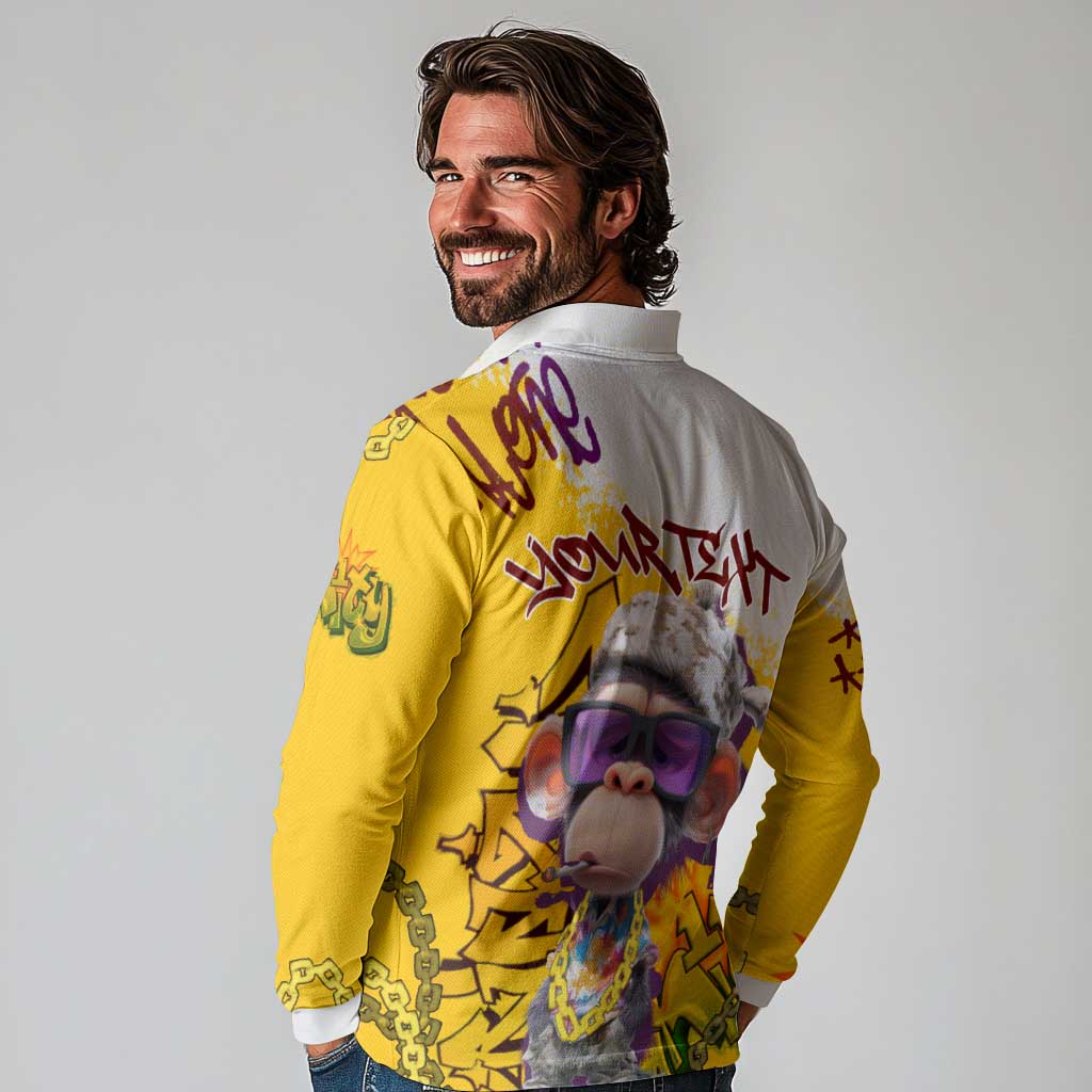 Graffiti Monkey Long Sleeve Polo Shirt with Hip Hop Sunglasses and Gold Chain Design - Wonder Print Shop