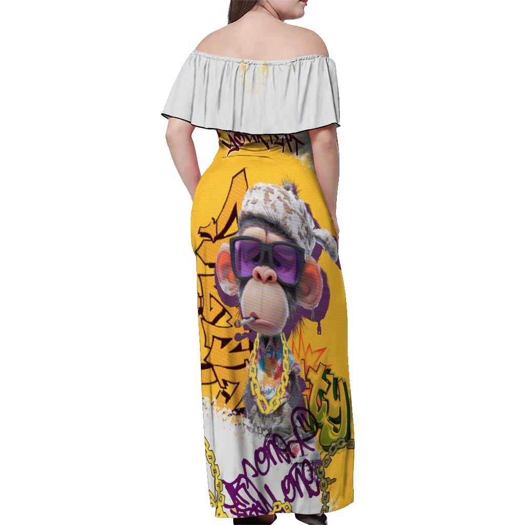 Graffiti Monkey Off Shoulder Maxi Dress with Hip Hop Sunglasses and Gold Chain Design - Wonder Print Shop