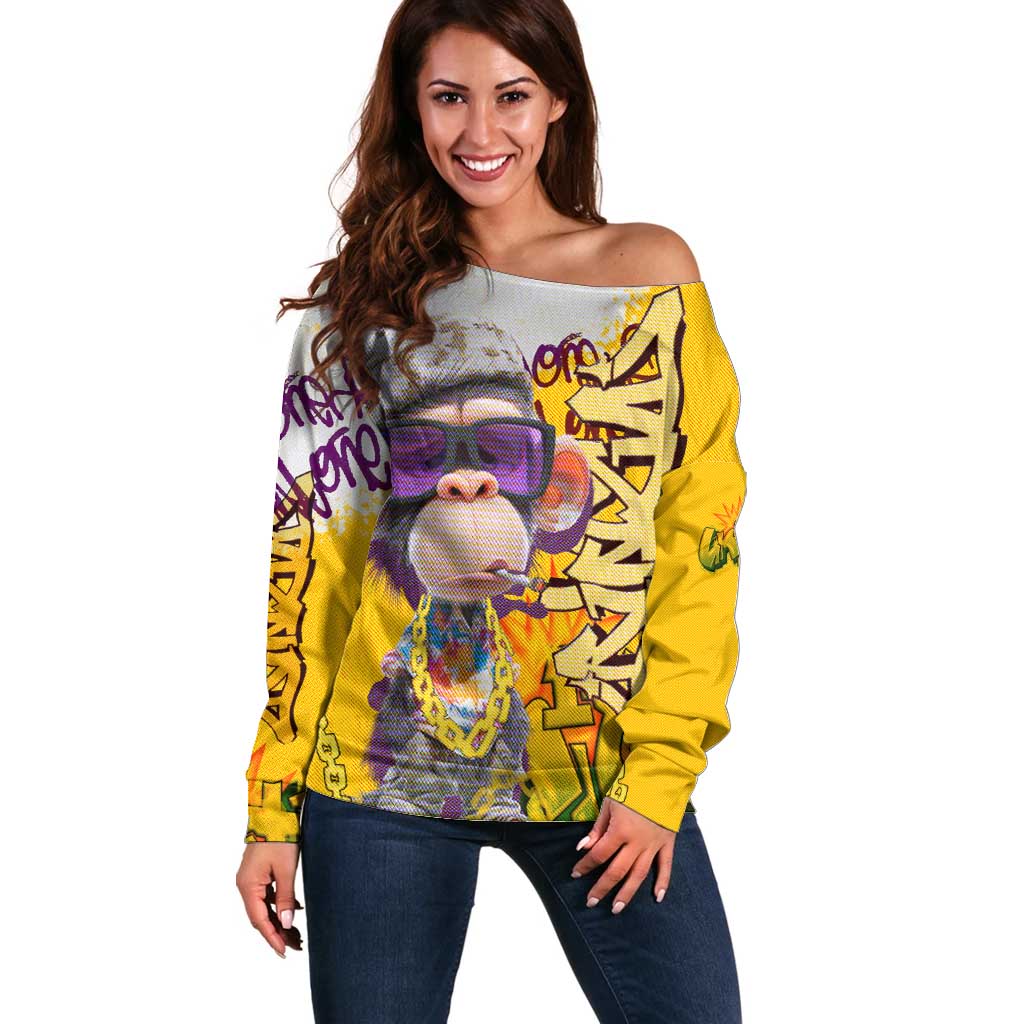 Graffiti Monkey Off Shoulder Sweater with Hip Hop Sunglasses and Gold Chain Design - Wonder Print Shop