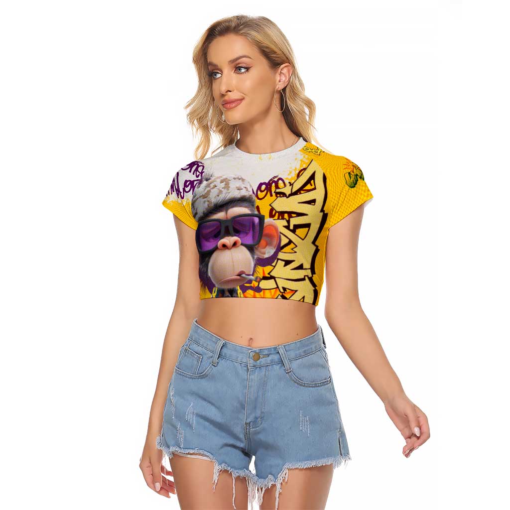 Graffiti Monkey Raglan Cropped T Shirt with Hip Hop Sunglasses and Gold Chain Design - Wonder Print Shop