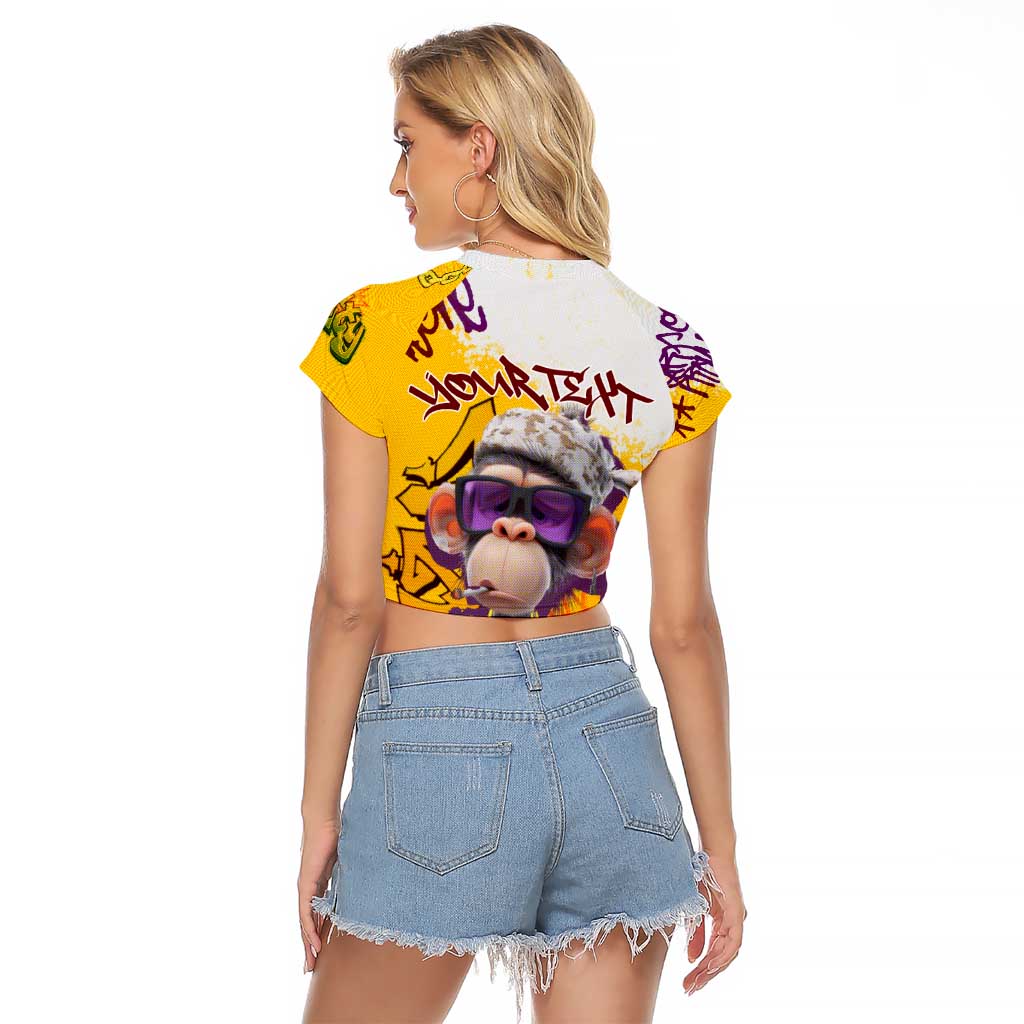 Graffiti Monkey Raglan Cropped T Shirt with Hip Hop Sunglasses and Gold Chain Design - Wonder Print Shop