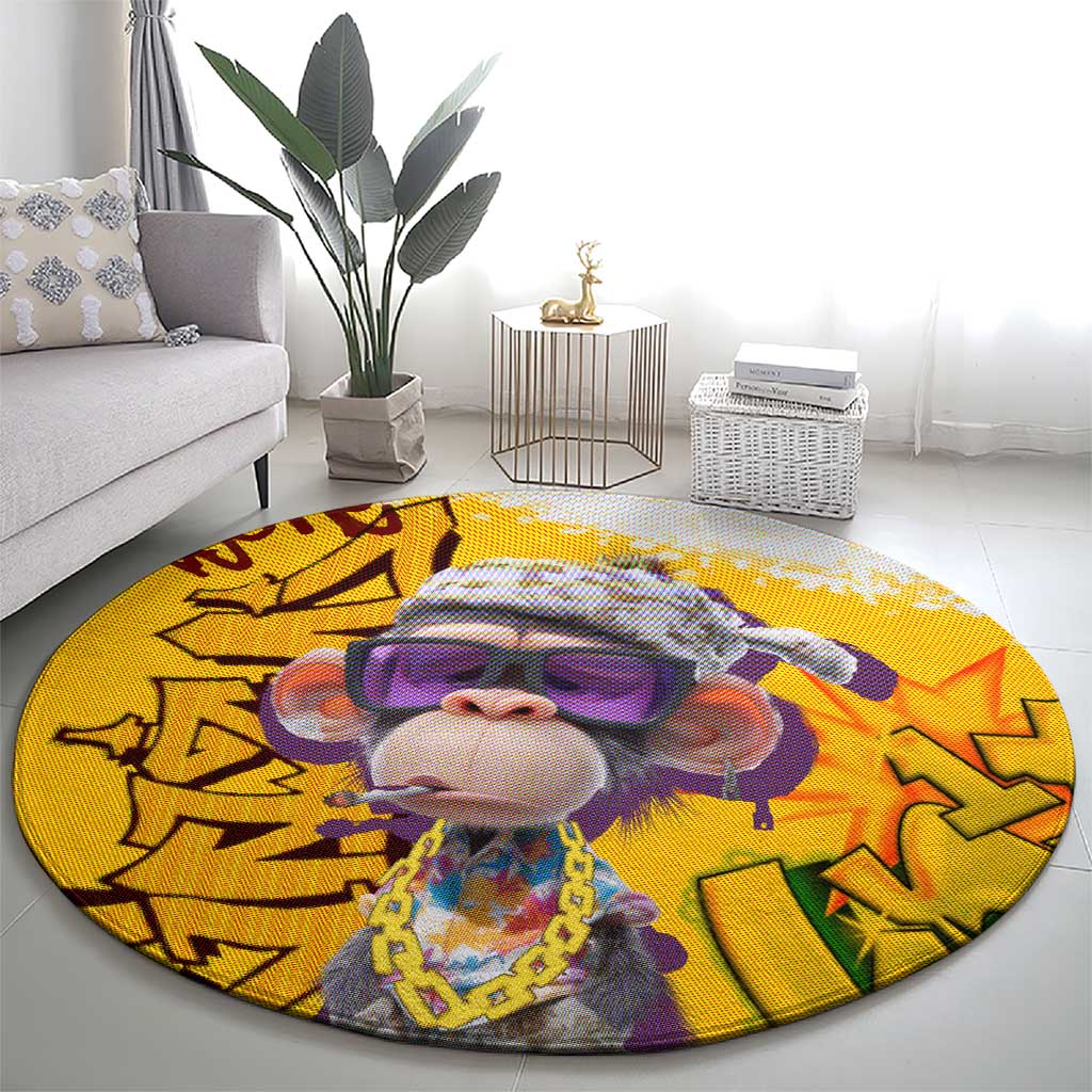Graffiti Monkey Round Carpet with Hip Hop Sunglasses and Gold Chain Design - Wonder Print Shop